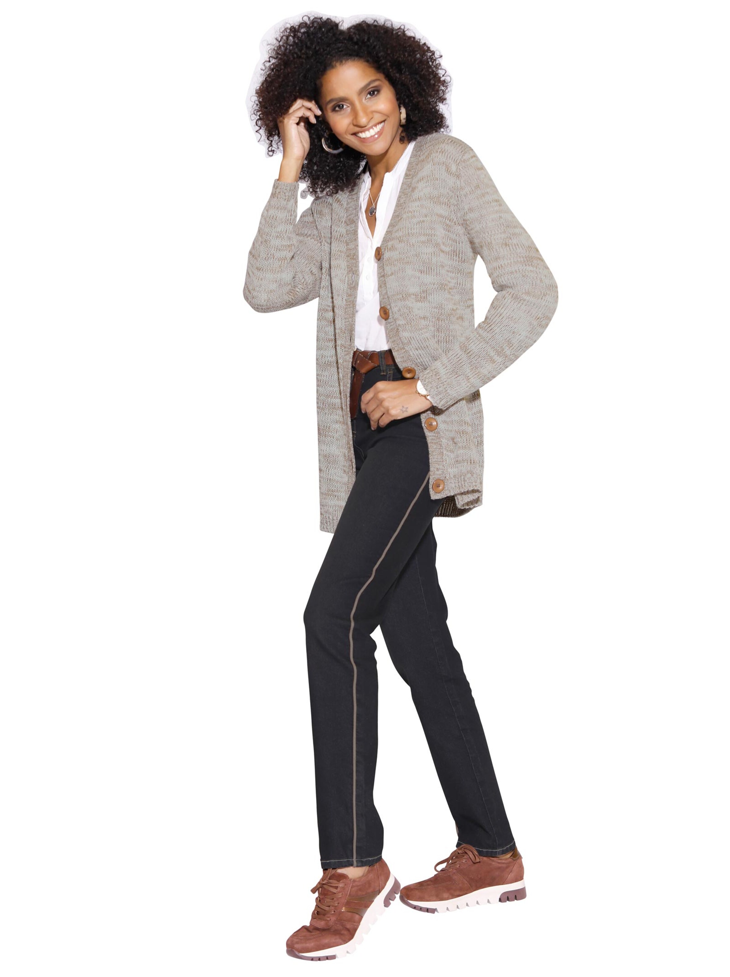 Long-Strickjacke - sand-gemustert