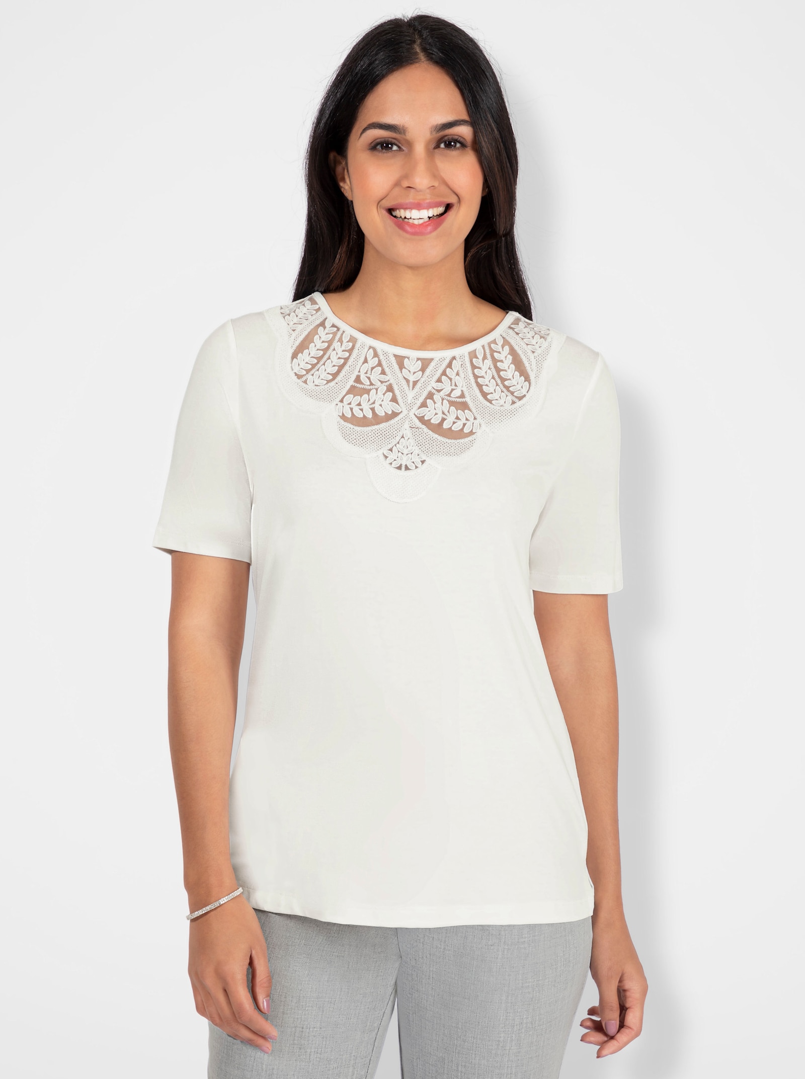 Shirt met ronde hals en kantinzet - ecru