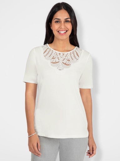 Rundhalsshirt mit Spitzeneinsatz - ecru