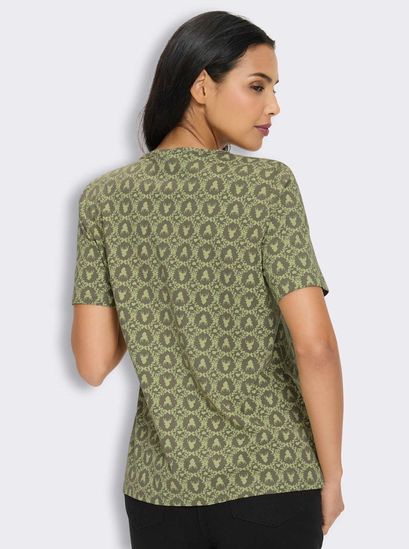 Kurzarmshirt mit Trachten-Print - khaki-lindgrün-bedruckt