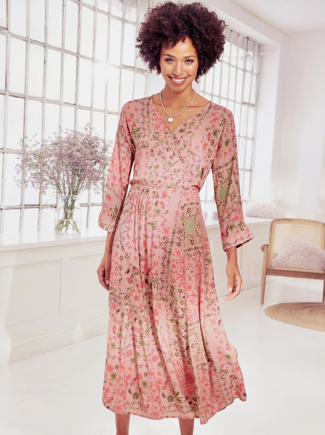 Linea Tesini Druck-Kleid - ecru-rosenquarz-bedruckt