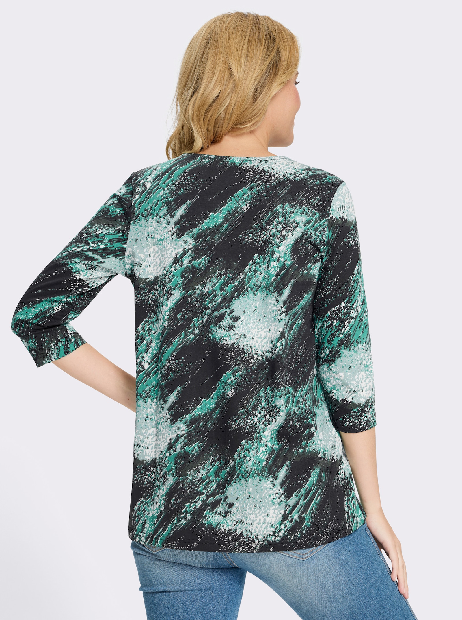 Longshirt mit 3/4-Ärmeln - schwarz-smaragd-bedruckt