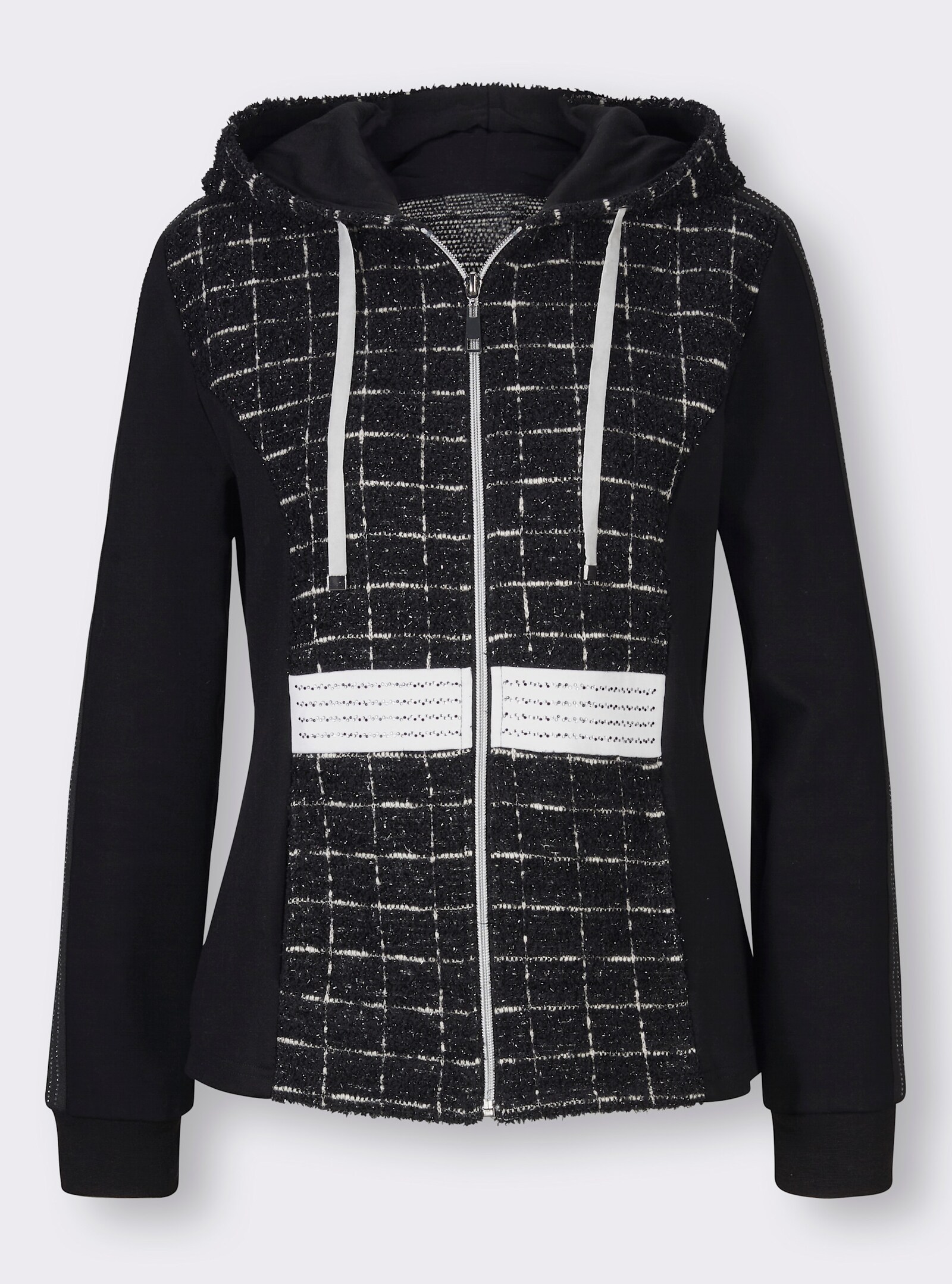 Shirtjacke im Materialmix - schwarz-ecru-gemustert
