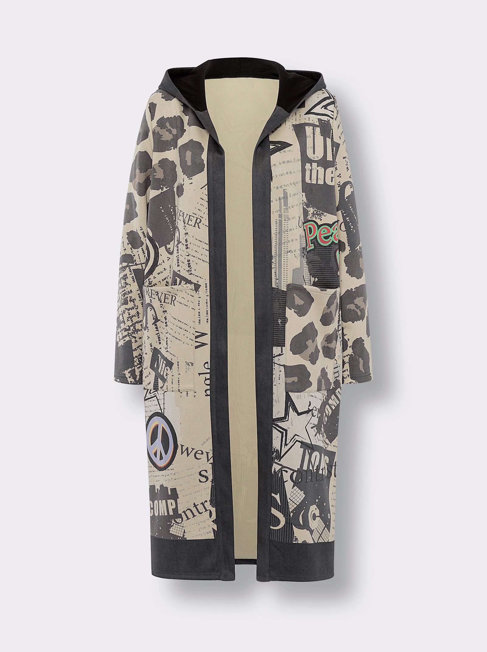 heine Shirtjacke mit Kapuze - sand-schwarz-bedruckt