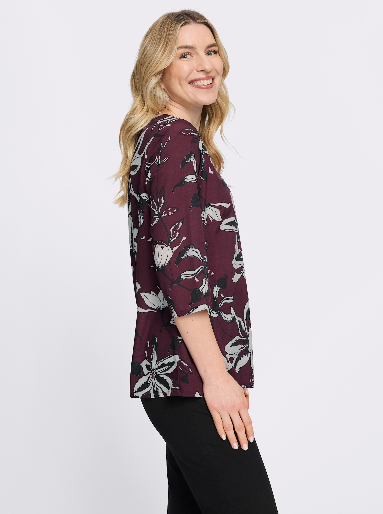 Druckbluse in floralem Dessin - burgund-ecru-bedruckt
