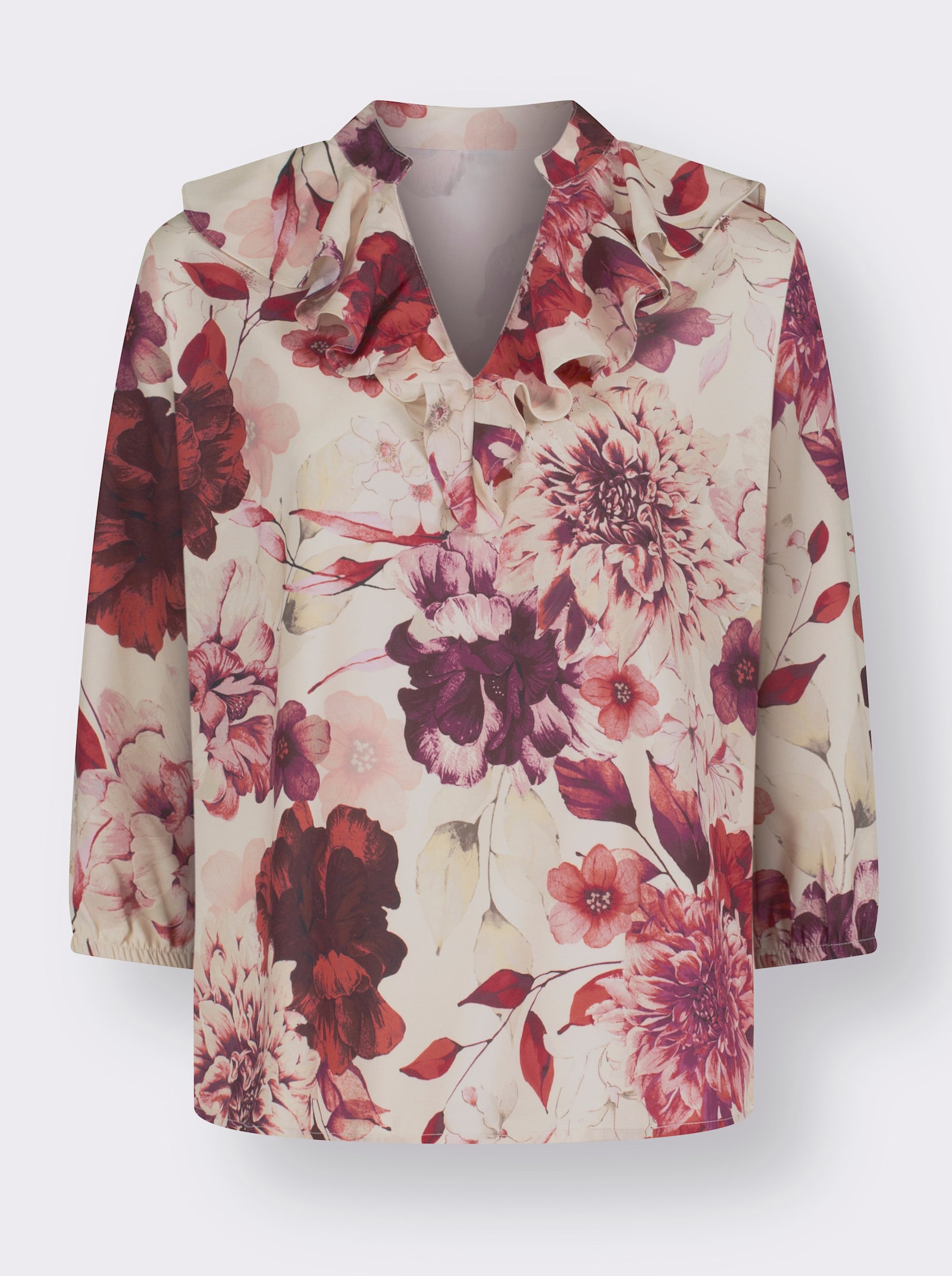 Comfortblouse met volant bij de hals - champagne/bordeaux bedrukt