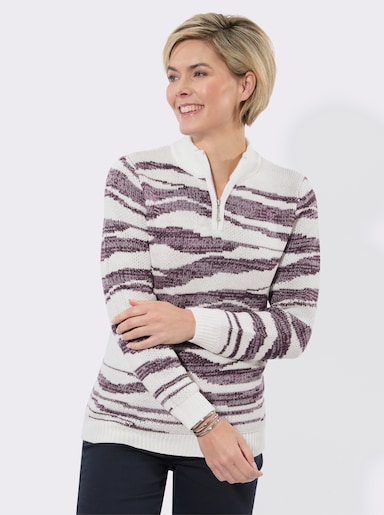 Jacquard-Pullover mit Stehkragen - ecru-violett-gemustert