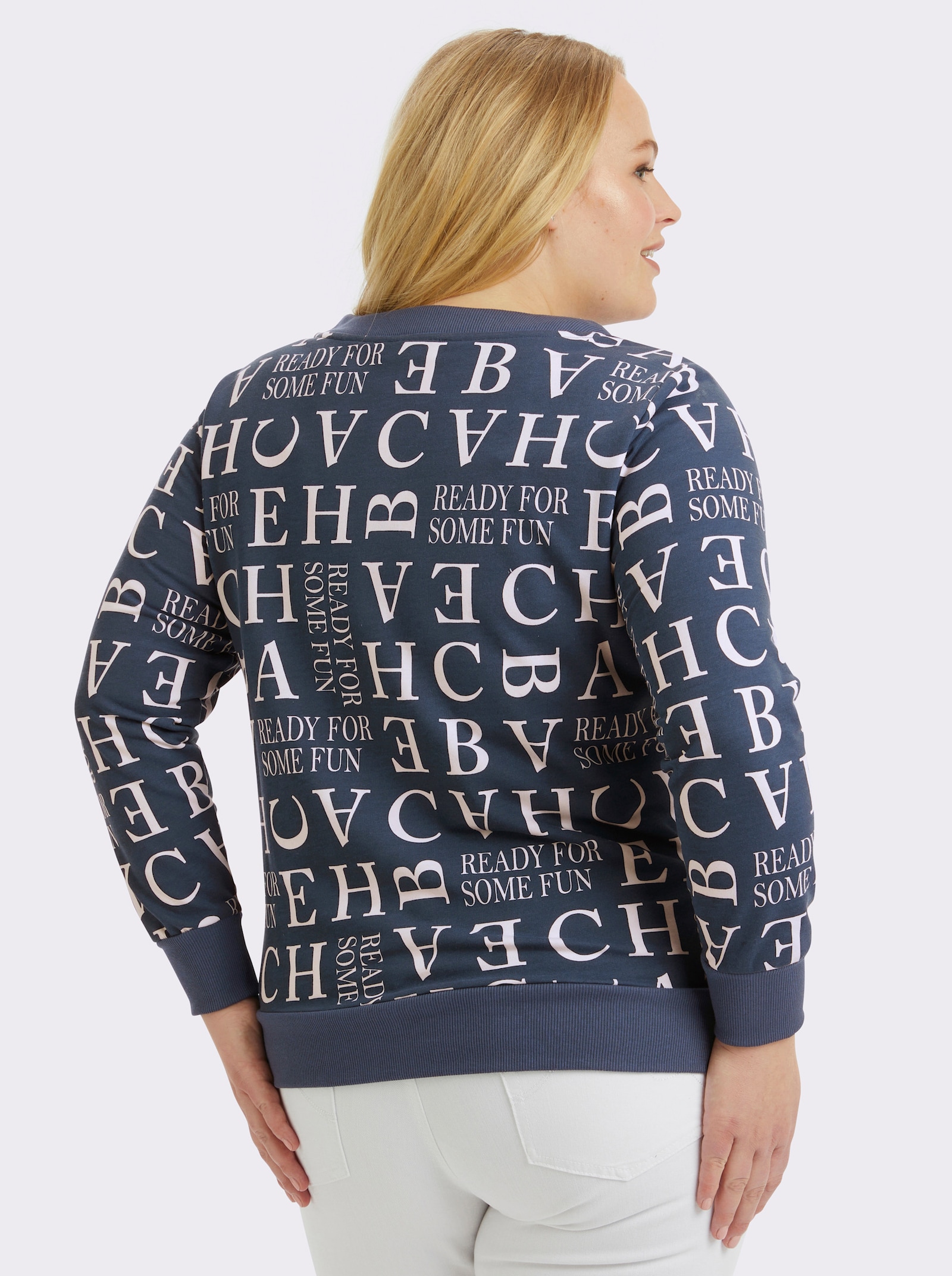 Sweatshirt mit Kordeldurchzug am Ausschnitt - dunkelblau-ecru-bedruckt