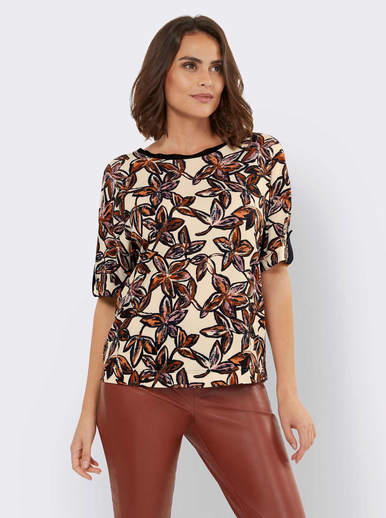 heine Shirt met ronde hals - ecru/roodbruin gedessineerd