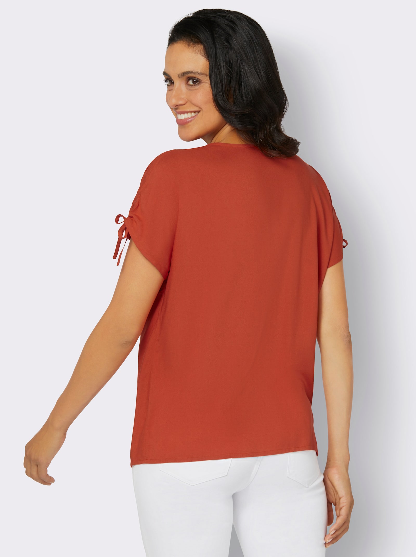 Blouse met korte mouwen en tunnelkoord op de schouders - terra/ecru bedrukt