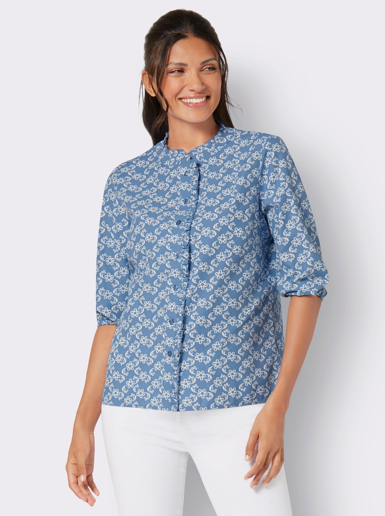 Blouse met ruches - middenblauw/wit gedessineerd