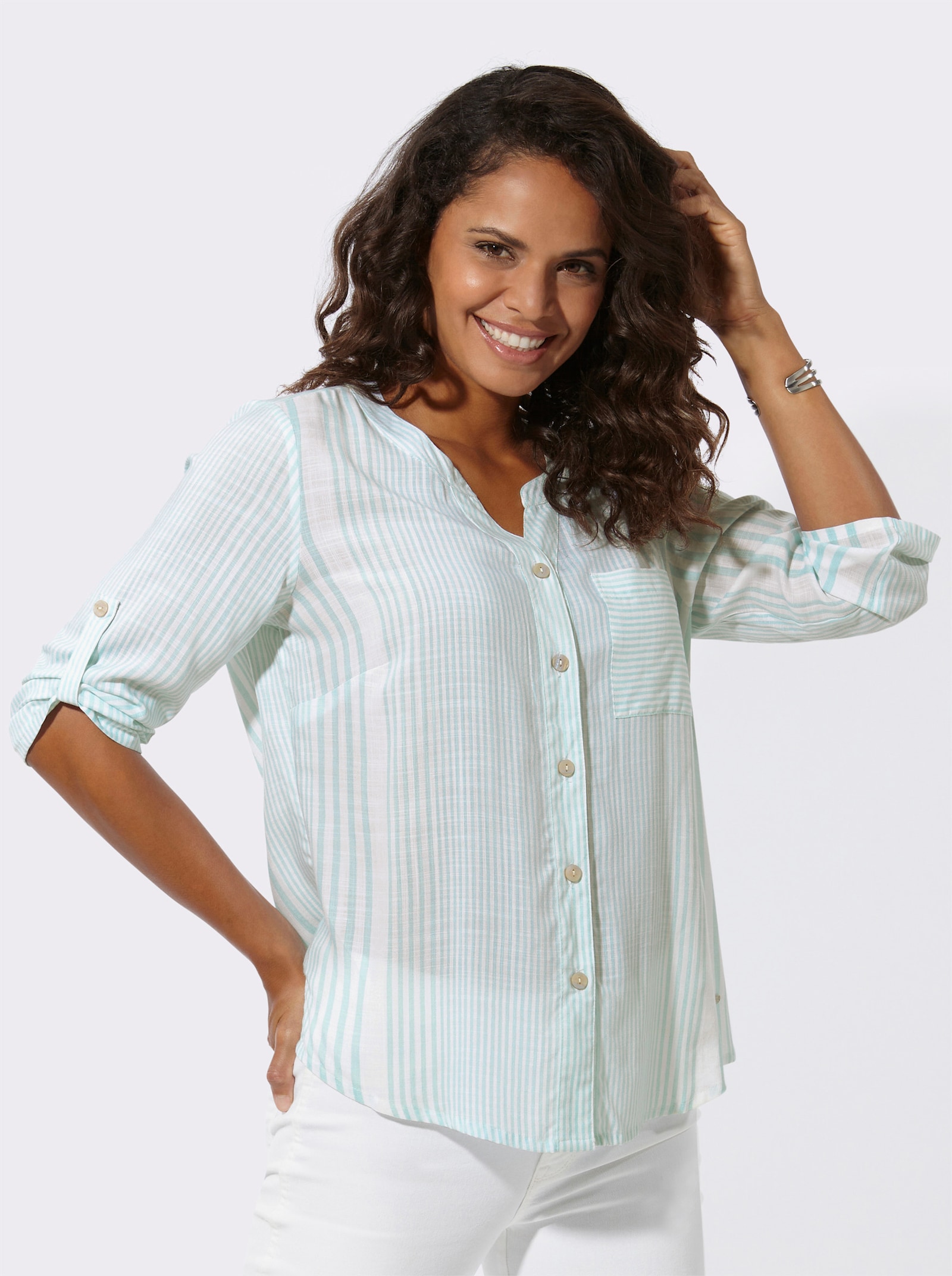 Gestreepte blouse met zijsplitten - mint/wit gestreept