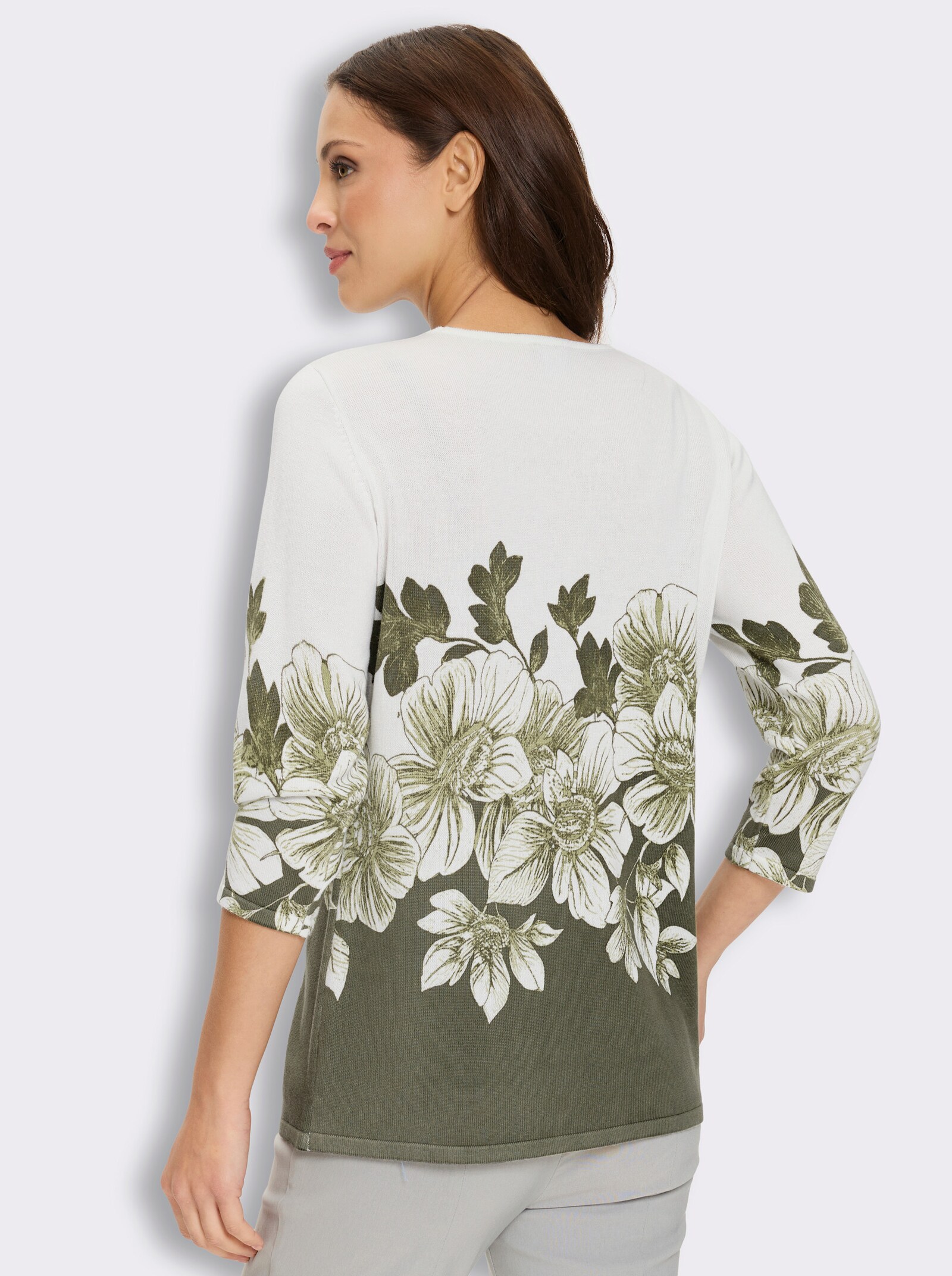 3/4-Arm-Pullover mit platziertem Druckdessin und Glitzersteinchen - weiß-khaki-bedruckt