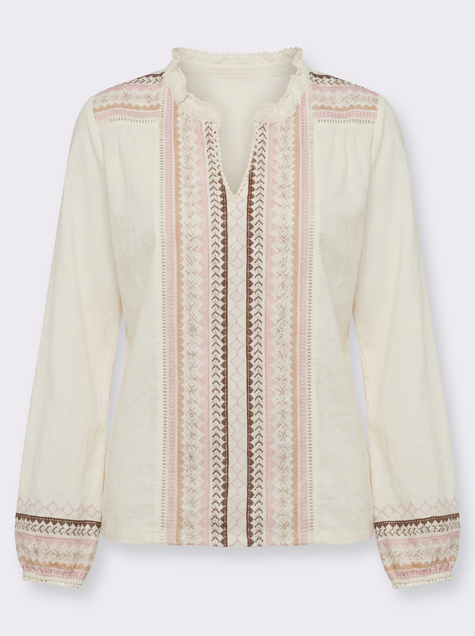 Langarmshirt mitmehrfarbiger Bordüre - champagner