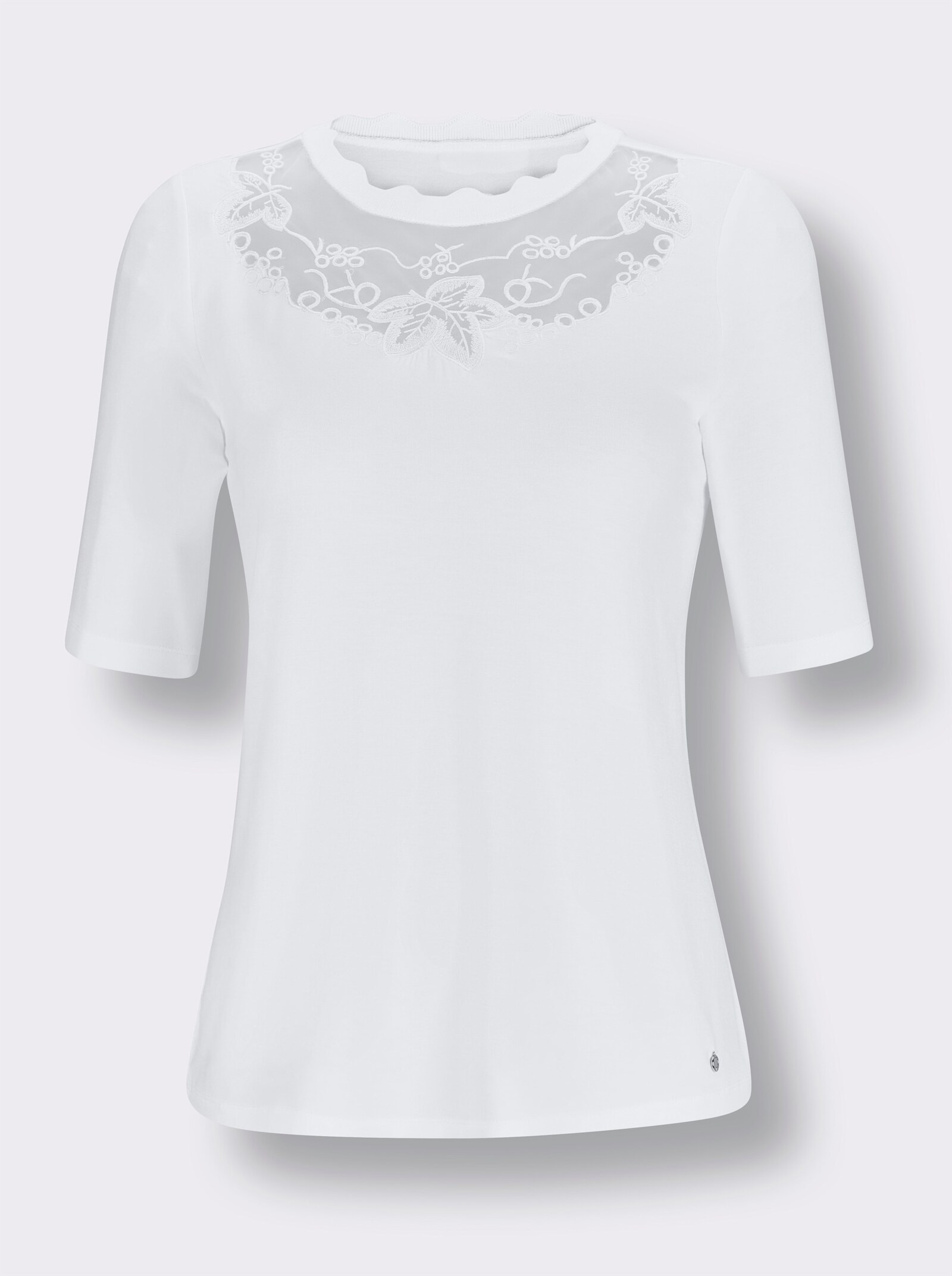 CREATION L PREMIUM Kurzarmshirt mit besticktem Mesh-Einsatz - weiß