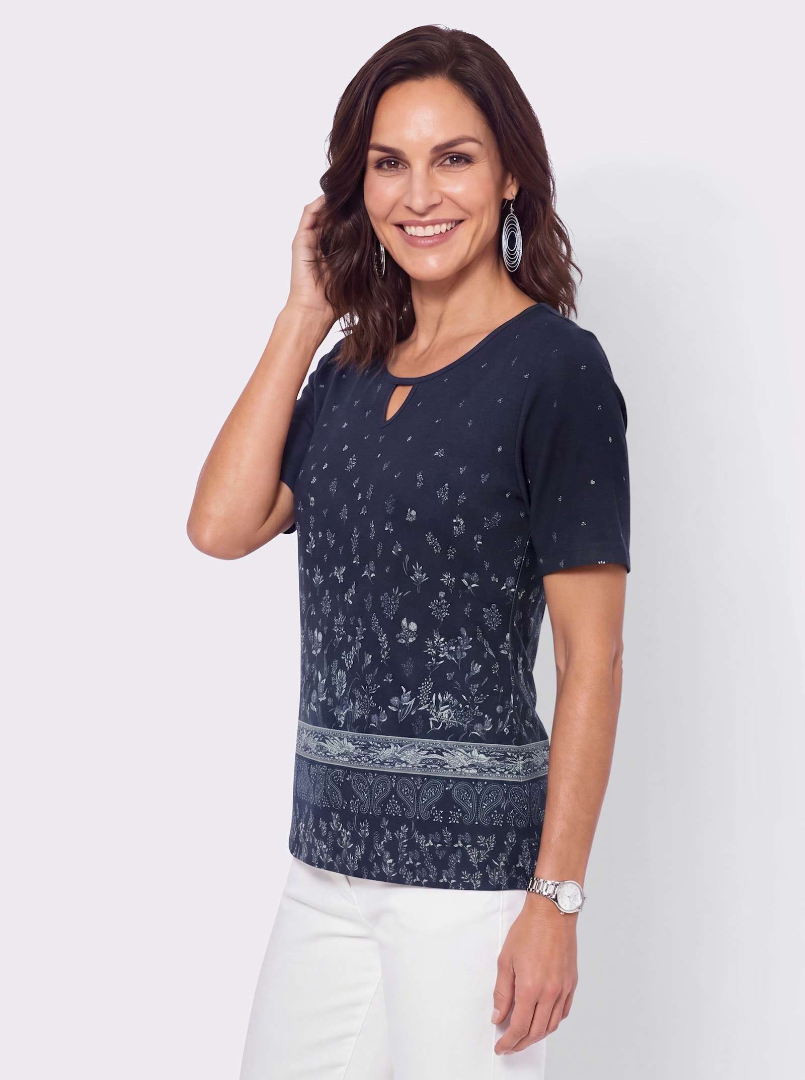Kurzarmshirt mit Tropfen-Ausschnitt - marine-hellgrau-bedruckt