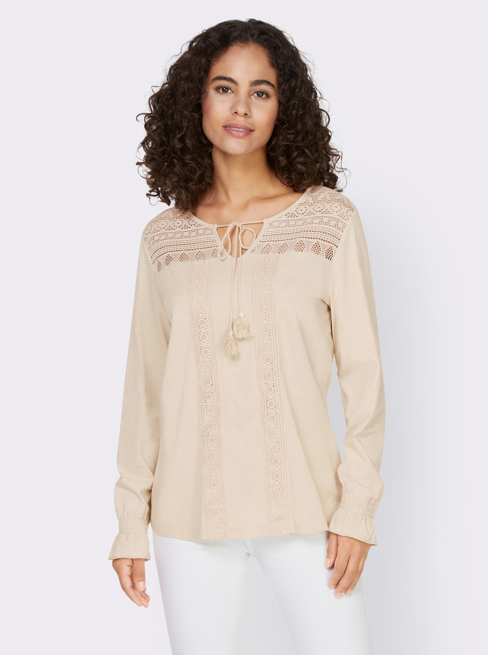 heine Shirt met lange mouwen en gesmokte mouwboordjes - zand