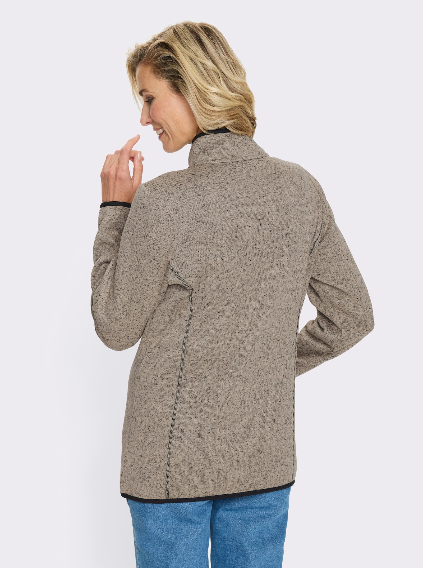 Gebreid fleecejack met elastische boorden met paspel - sesam/zwart gedessineerd