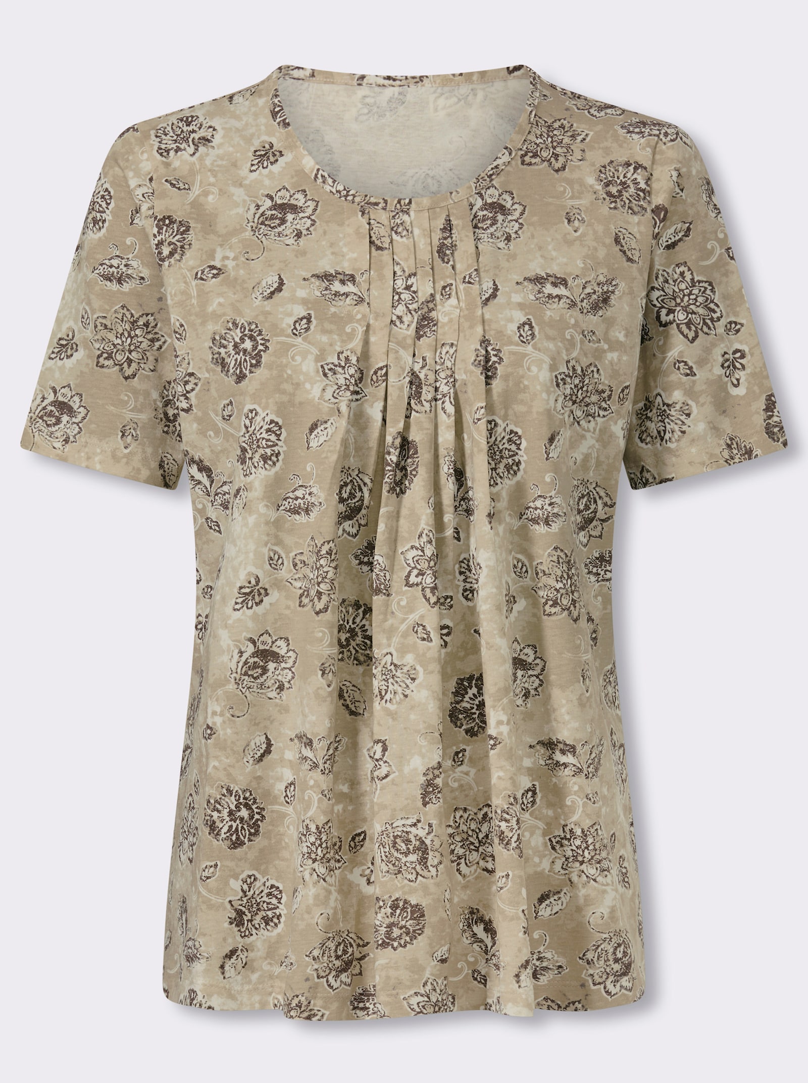 Kurzarmshirt mit Faltenpartie vorne - taupe-beige-bedruckt