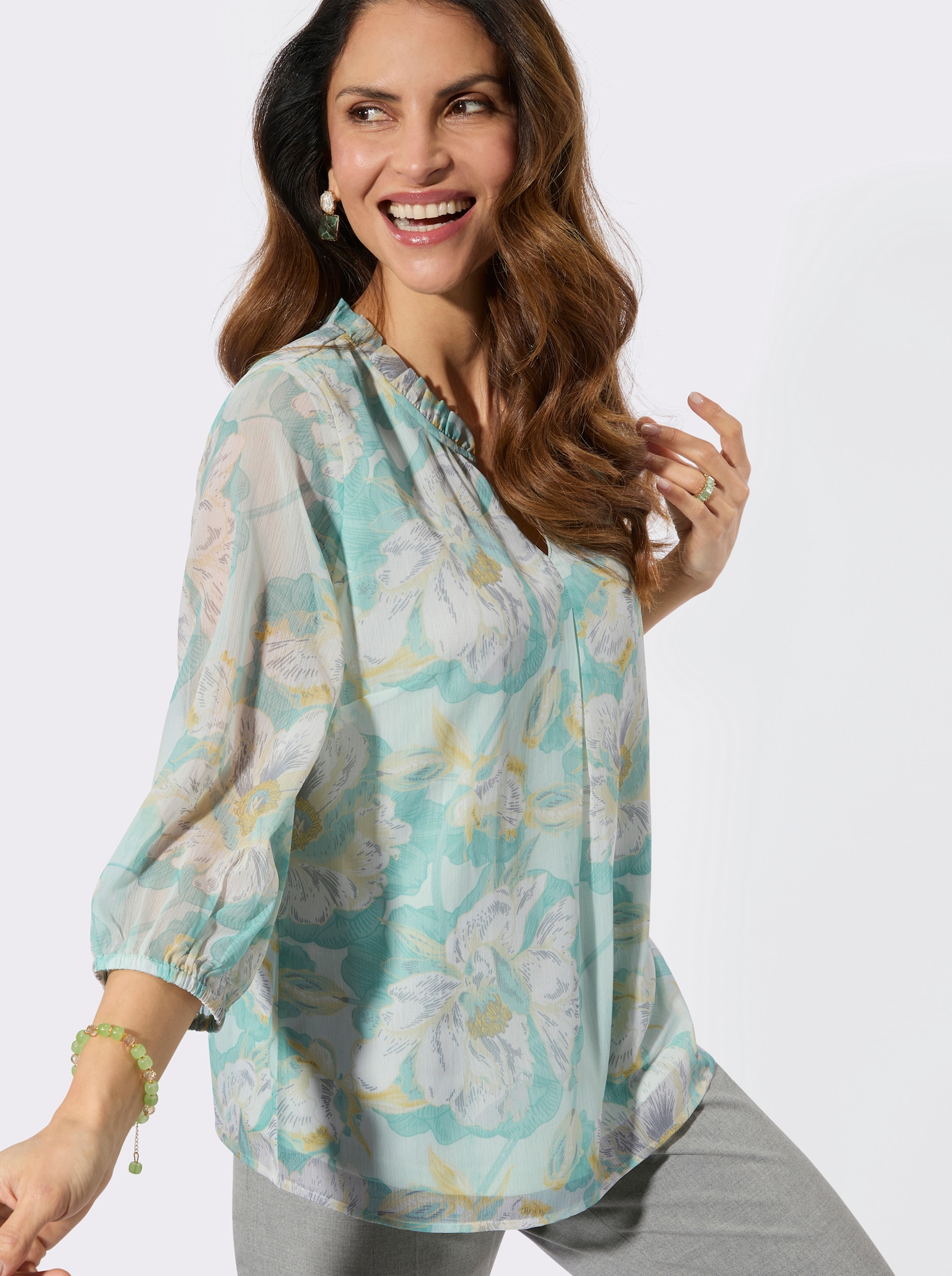 Druckbluse mit Rüschen - zartmint-salbei-bedruckt