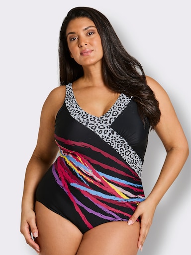 Badeanzug mit Unterbrustband, bedruckt - schwarz-weiß-bedruckt