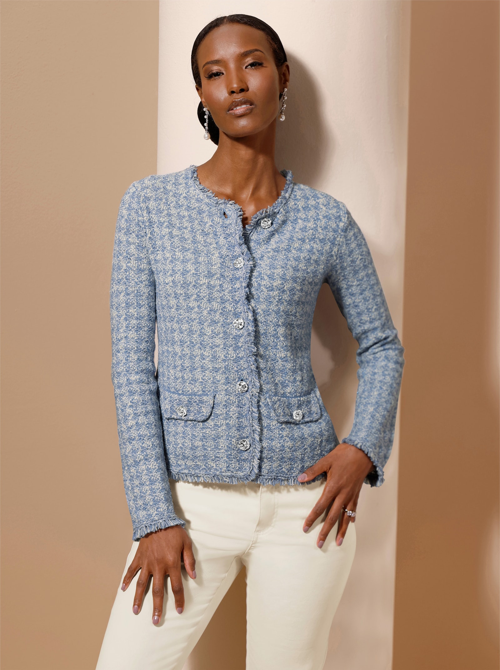 Cardigan met hoog katoengehalte - bleu/champagne gemêleerd