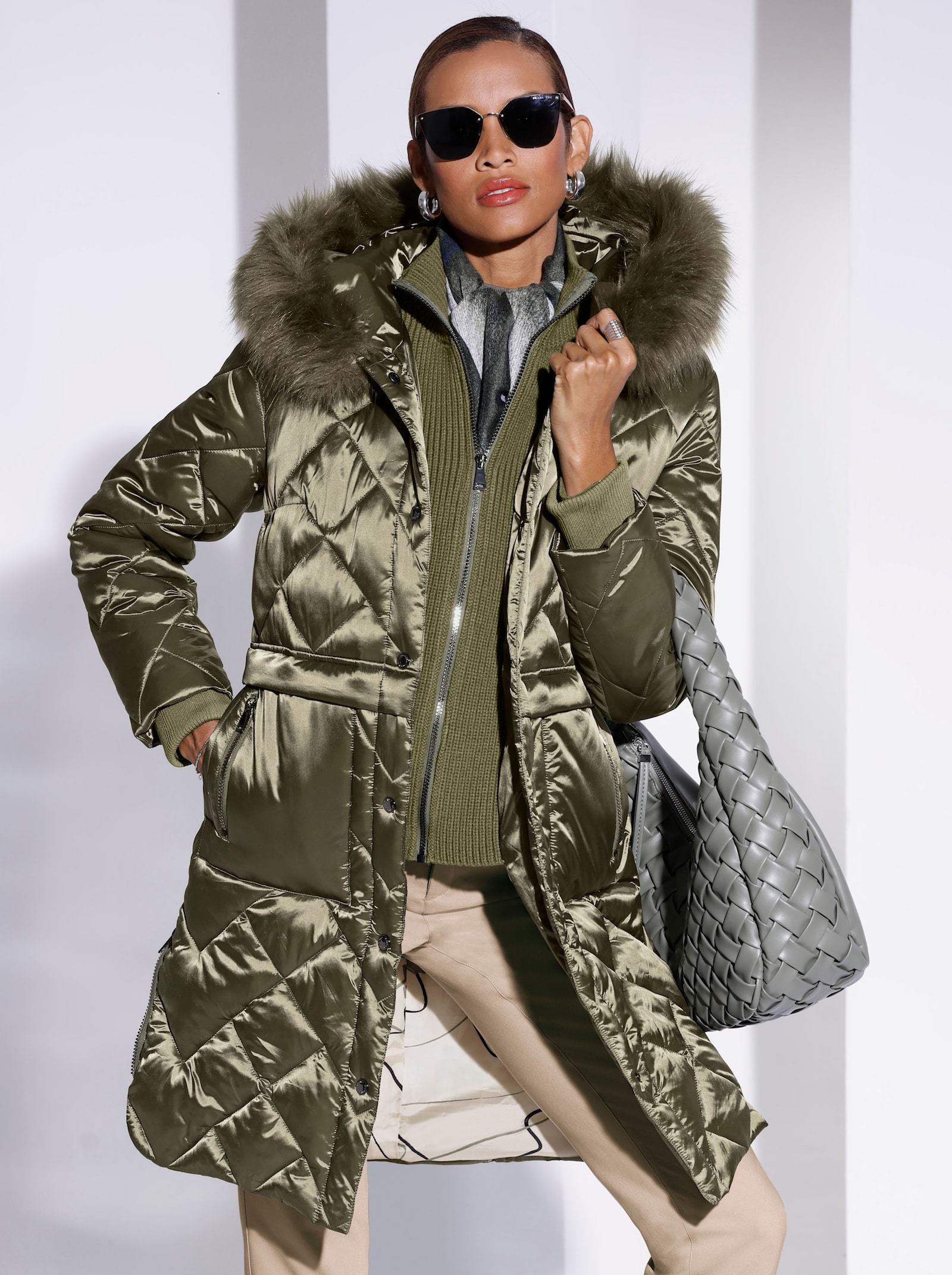 Manteau matelassé avec empiècement gilet en tricot - kaki