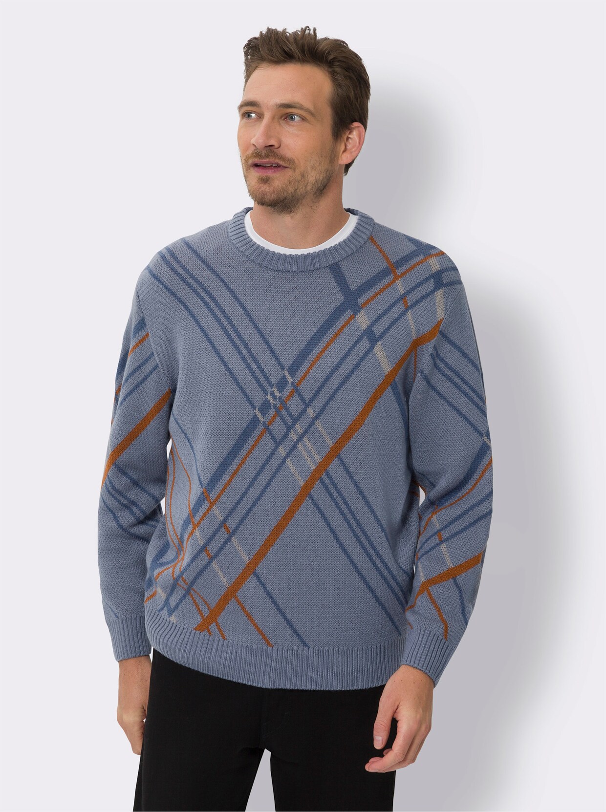 Rundhals-Pullover - taubenblau-cognac-gemustert