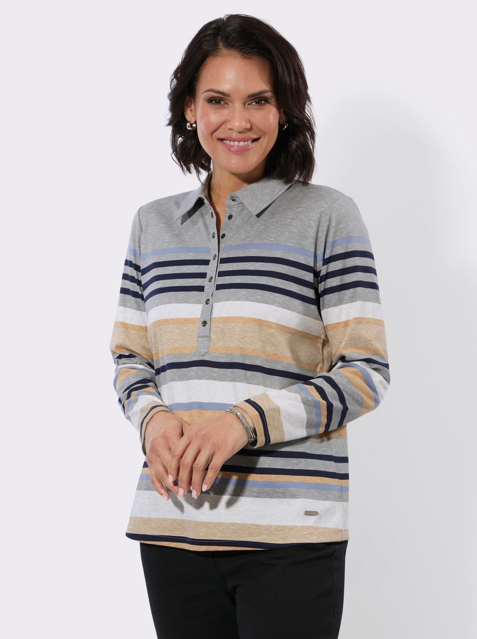 Poloshirt mit Druckknöpfen - grau-taubenblau-geringelt
