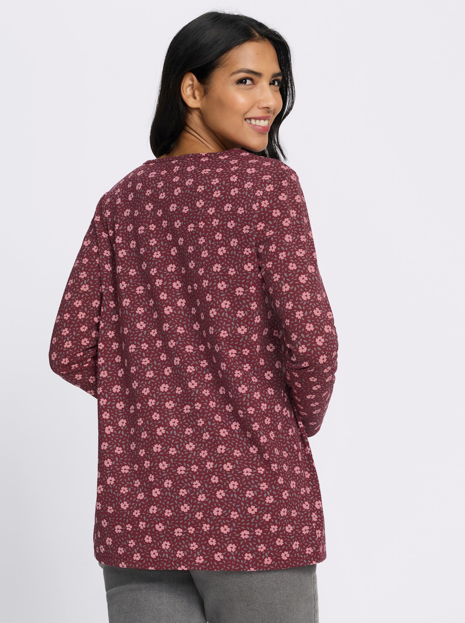 Longshirt in A-Linie - dunkelrot-rosenquarz-bedruckt