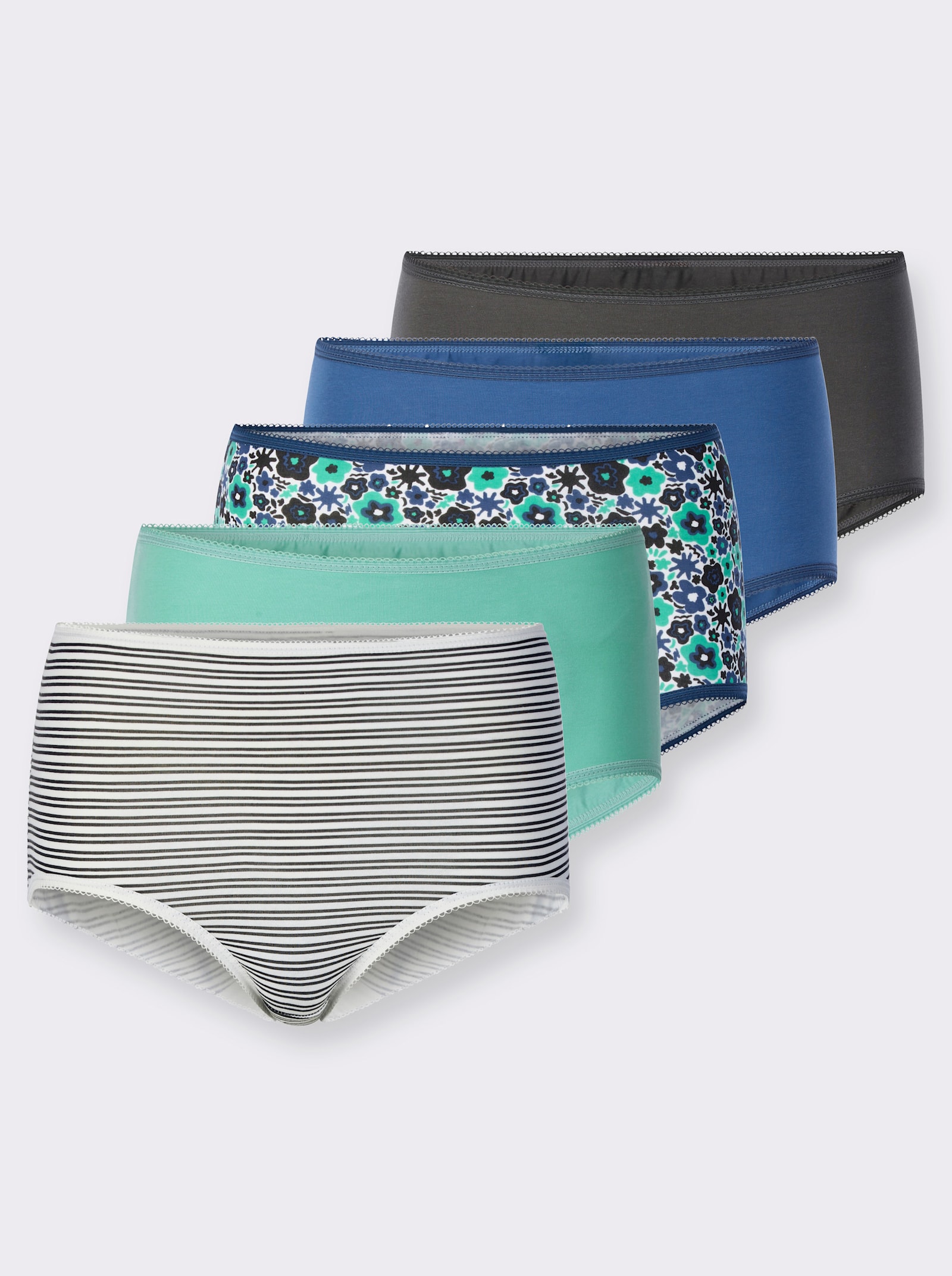 Tailleslip met elastische band - 2x bedrukt + jeansblauw + blauwgroen + grafiet