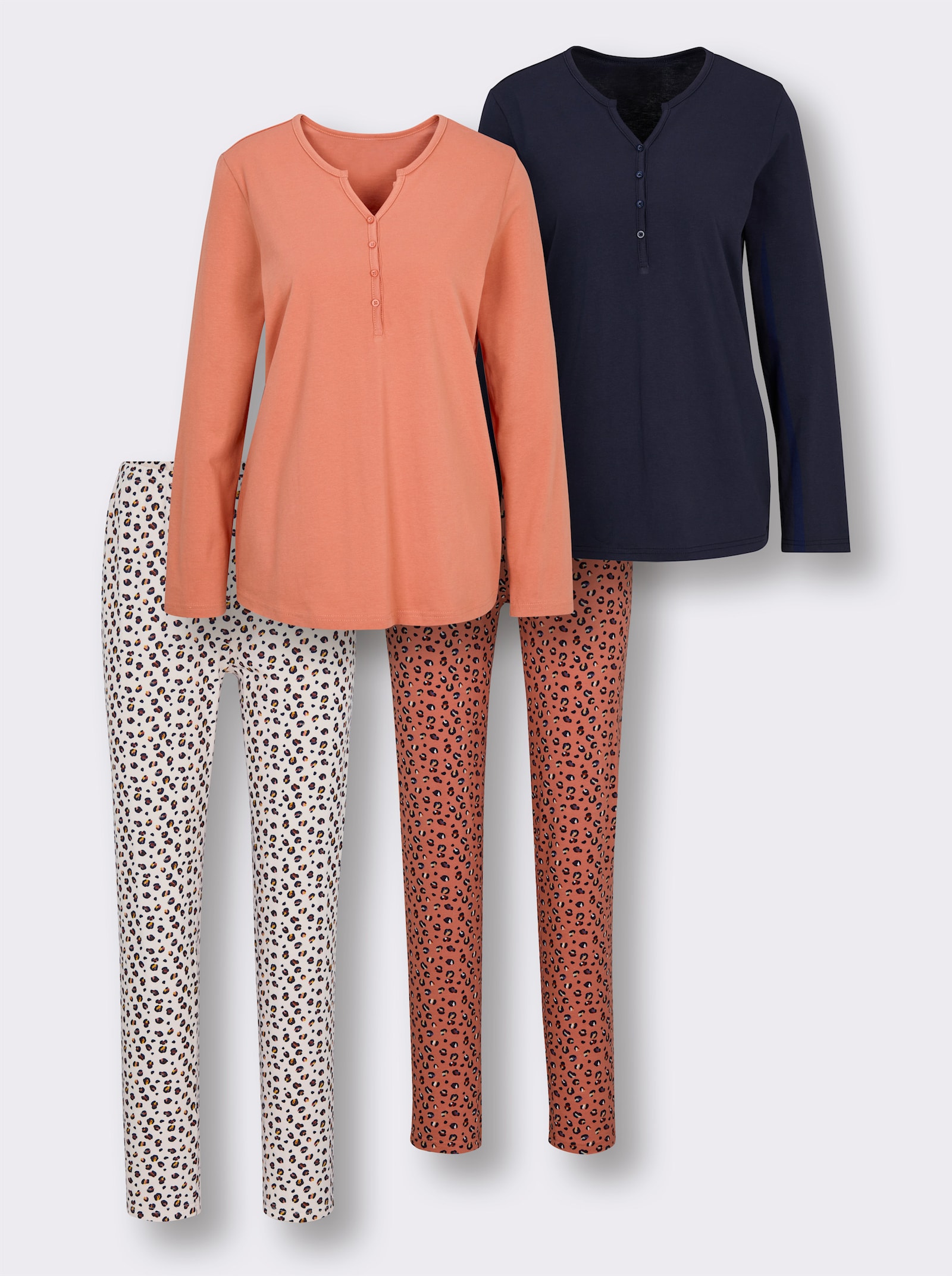 wäschepur Schlafanzüge aus reiner Baumwolle - marine-papaya-bedruckt + papaya-elfenbein-bedruckt