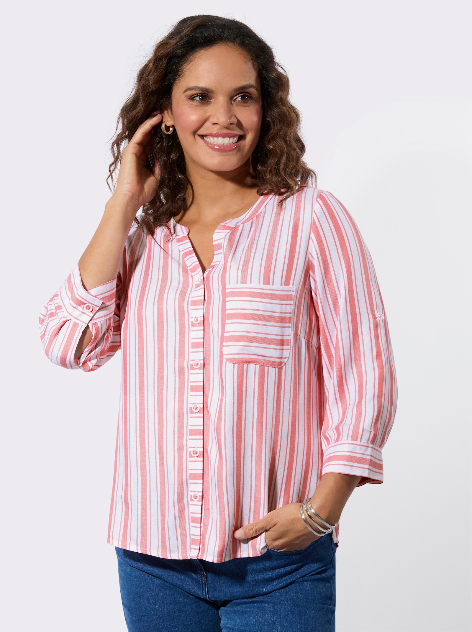 Gestreifte Bluse aus reiner Viskose - flamingo-weiß-gestreift