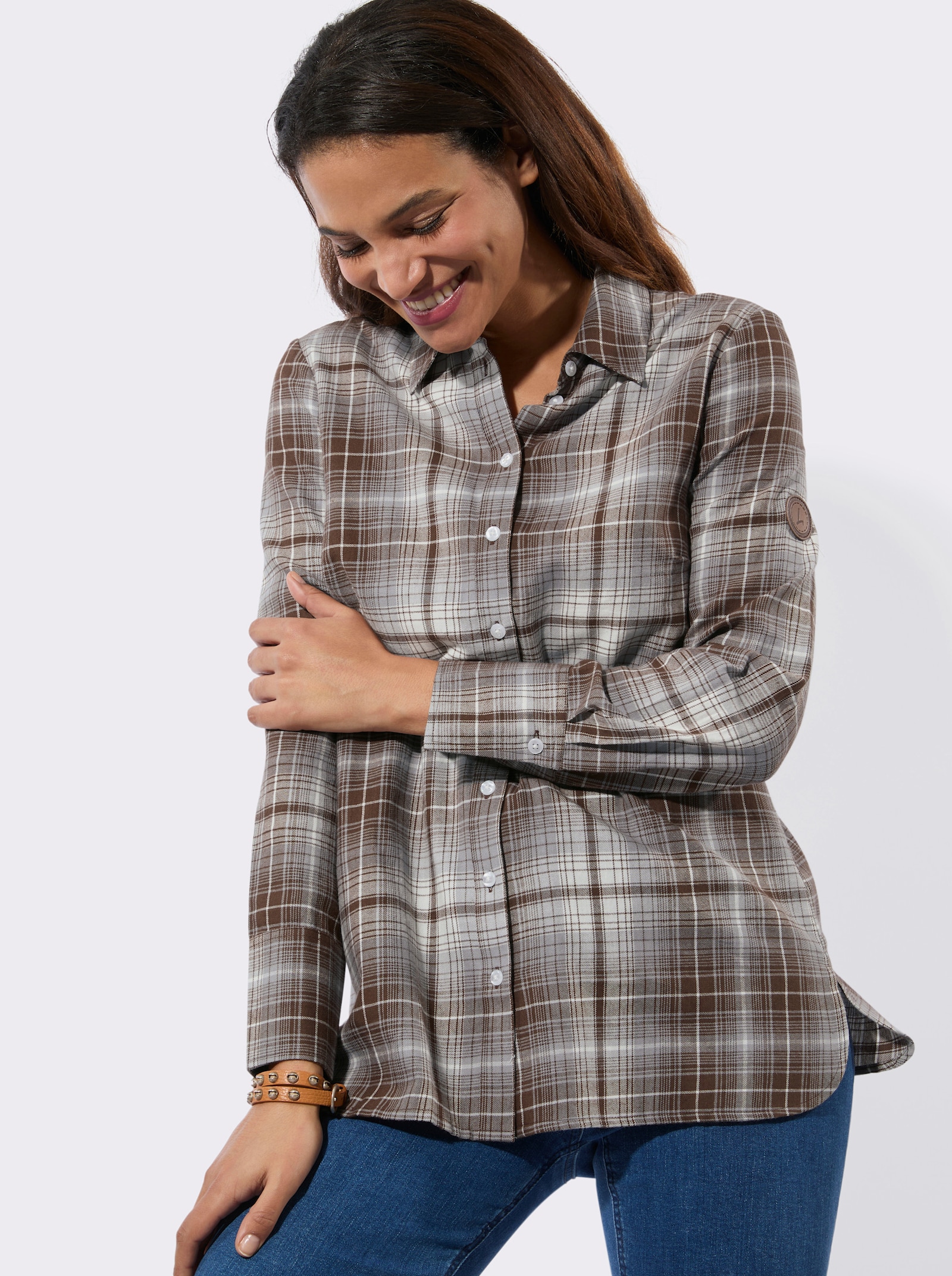 Flanellbluse mit Seitenschlitzen - braun-steingrau-kariert