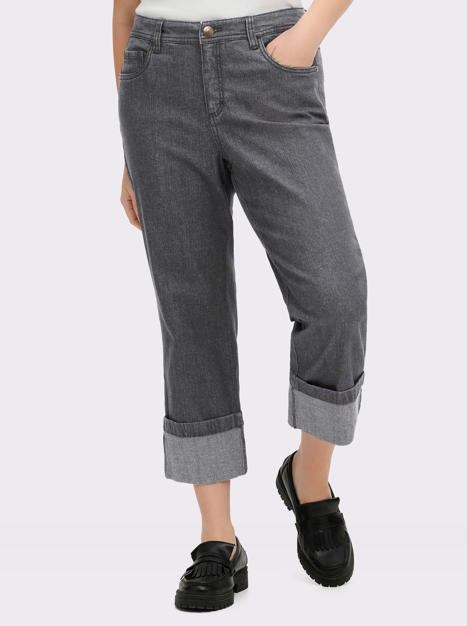 sheego 7/8-jeans met brede zoomomslag - grey-denim