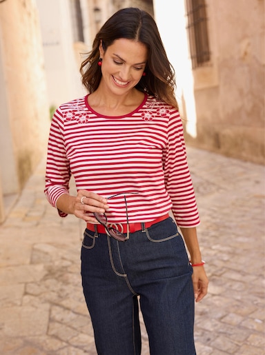 Rundhalsshirt mit Ringeln und Stickerei - erdbeere-ecru-geringelt