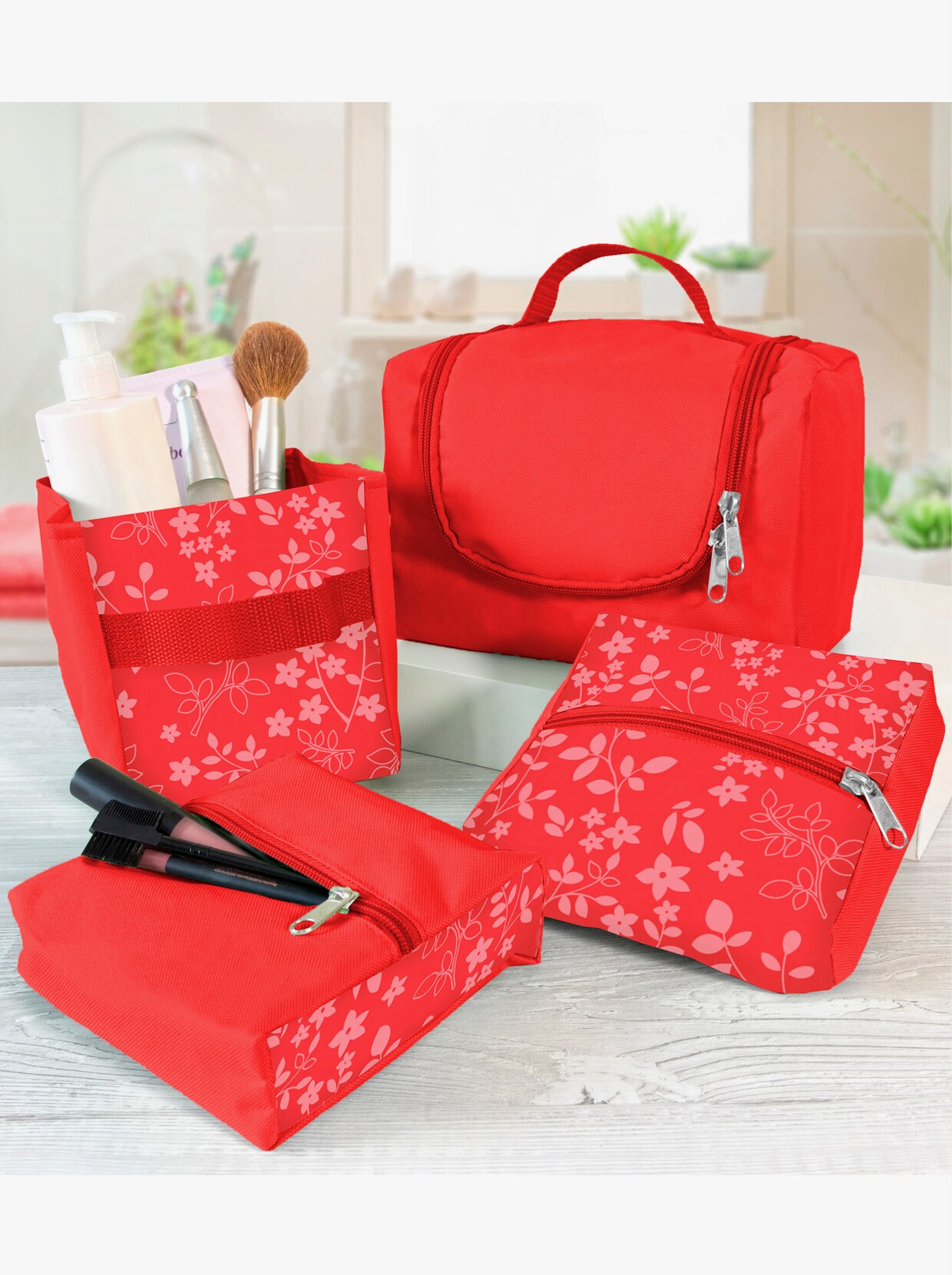 Kosmetiktaschen Set - rot-gemustert