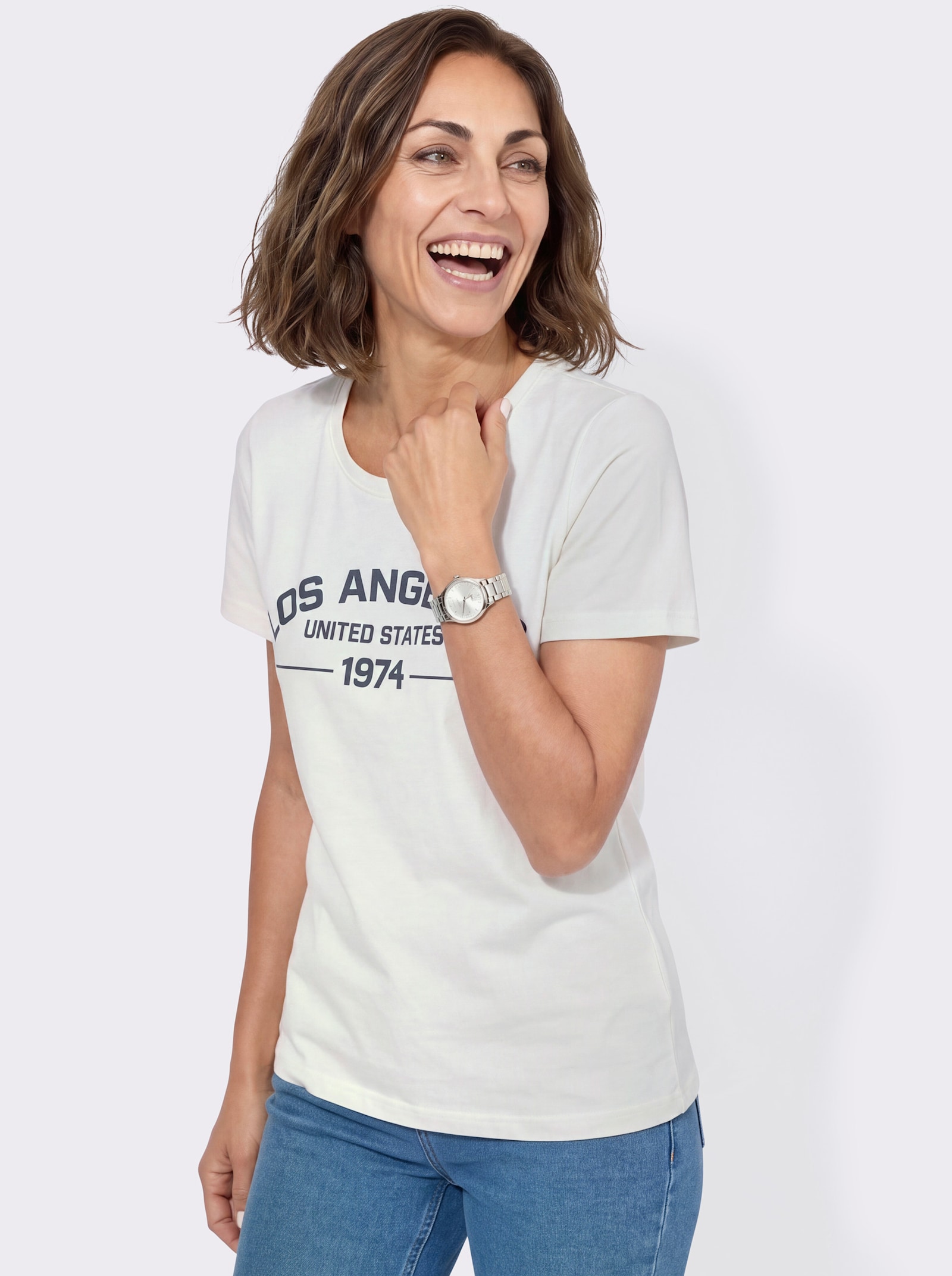 Shirt mit Schriftzug vorne - ecru-dunkelblau
