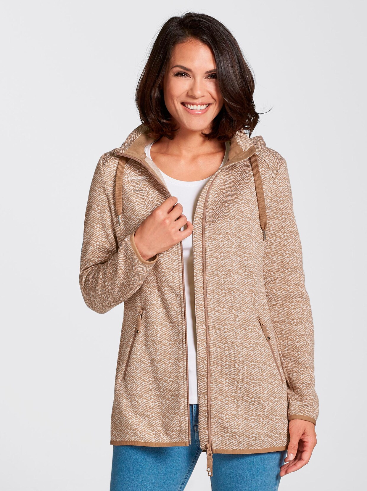Kapuzenfleecejacke - beige-weiß-gemustert