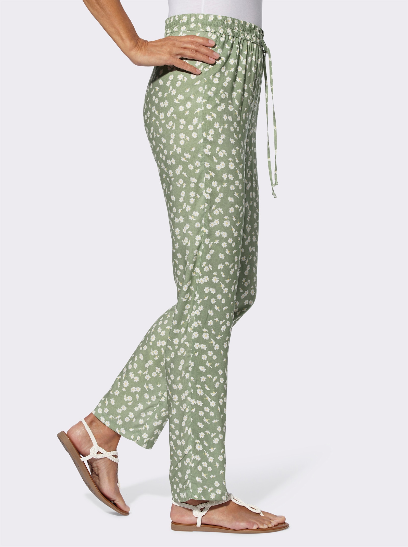 Schlupfhose im Blümchen-Dessin - eucalyptus-weiß-bedruckt