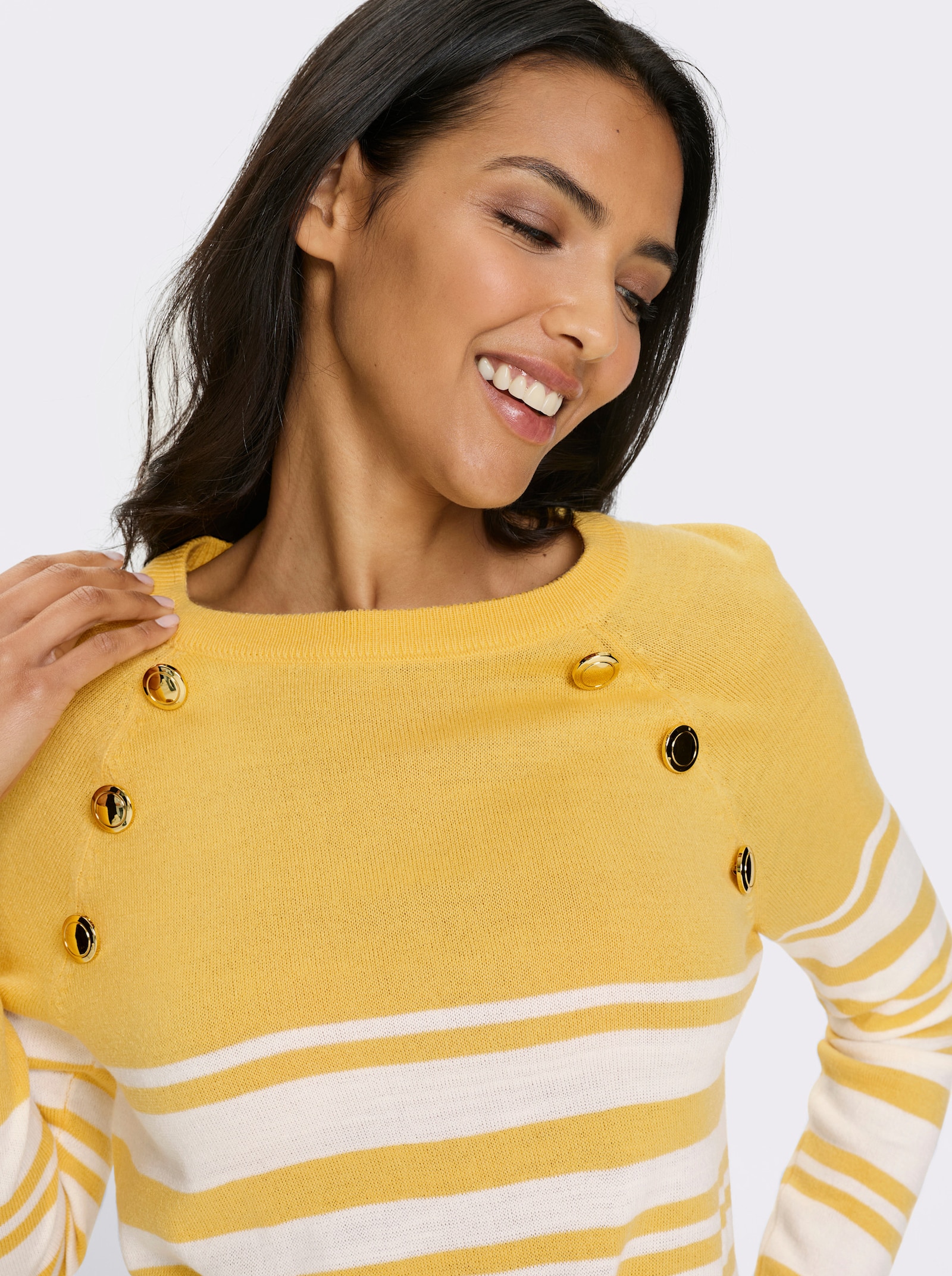 Långärmad tröja med guldfärgade knappar - gul-vit, randig