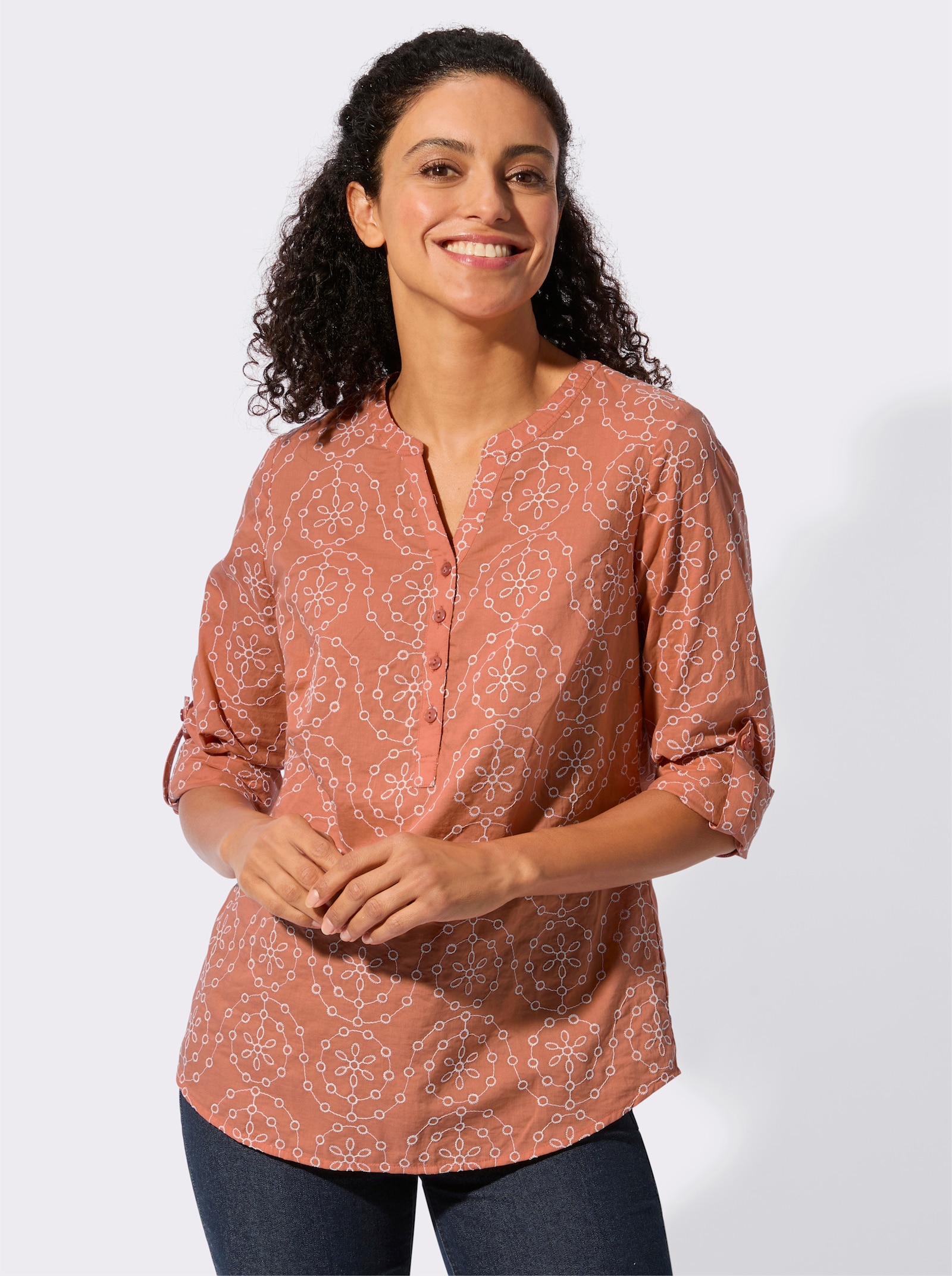 Baumwollbluse mit Stickerei rundum - papaya-ecru