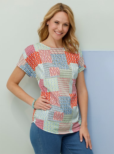 Schlupfbluse in Patch-Optik - rot-himmelblau-bedruckt