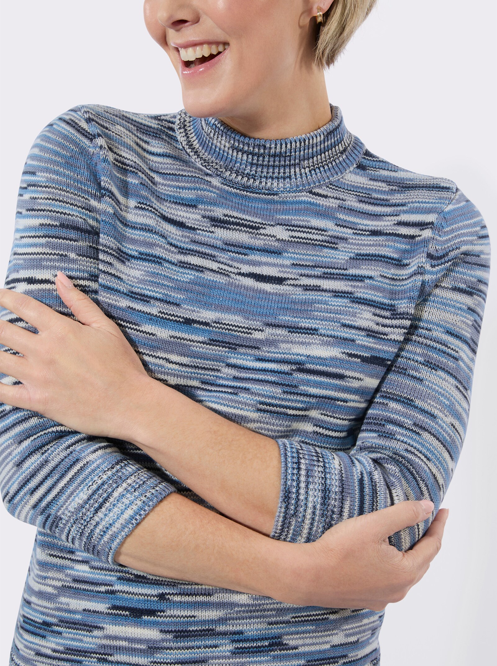 Stehkragenpullover in Melange-Optik - weiß-marine-meliert