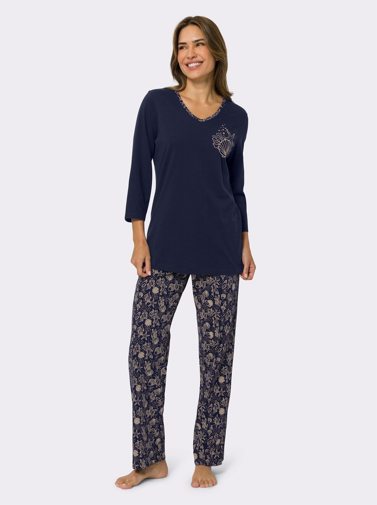 Pyjama met schelpenpatroon - marine/beige geprint