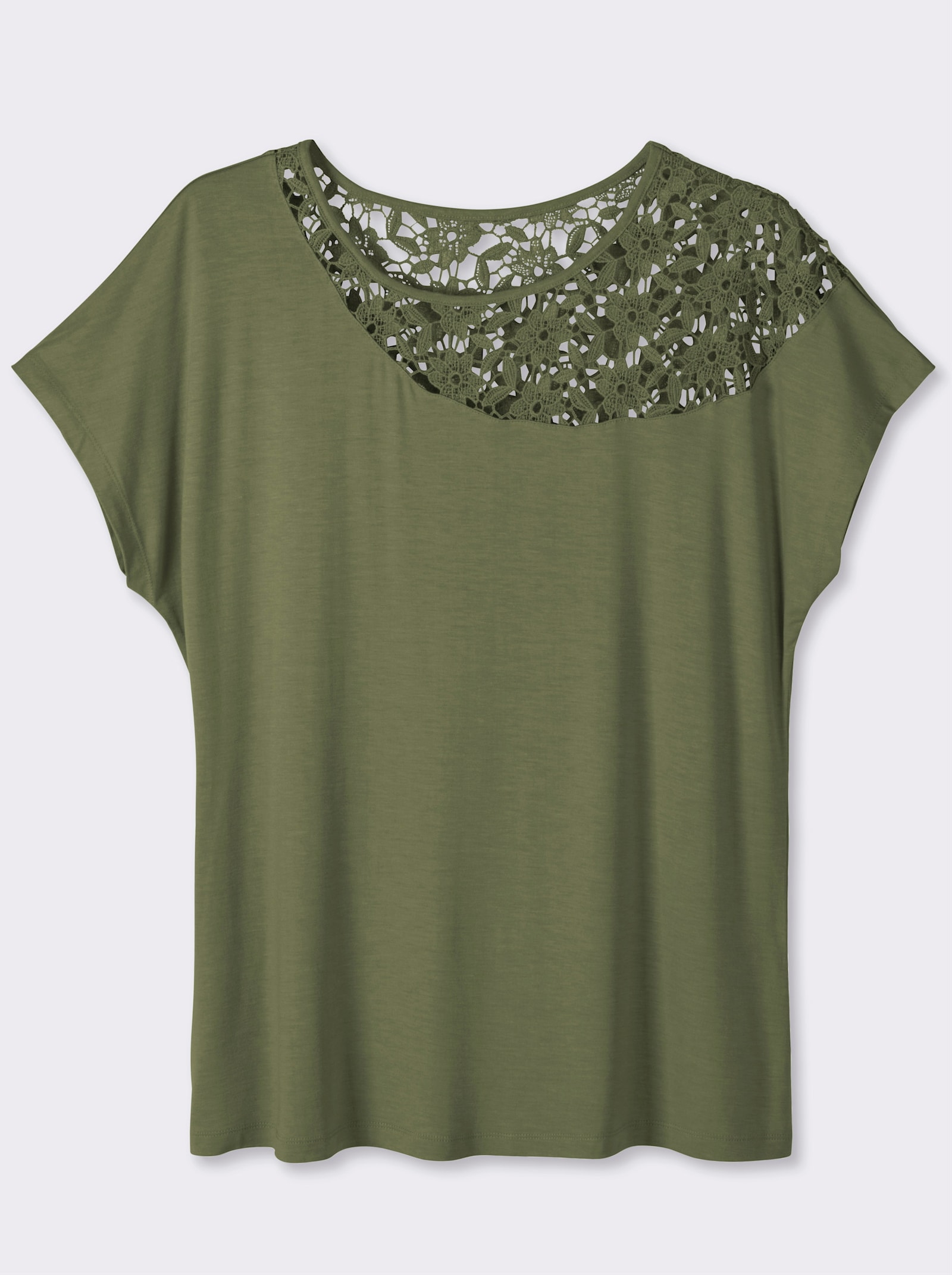 sheego Kurzarmshirt mit floraler Spitze - oliv