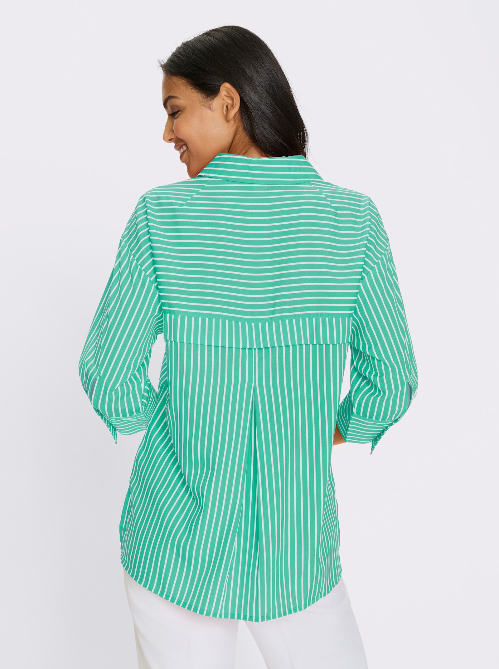 Lange blouse met stolpplooi achter - wit/blauwgroen gestreept