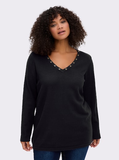 sheego Pullover mit tiefem V-Ausschnitt und Ösenverzierung - schwarz