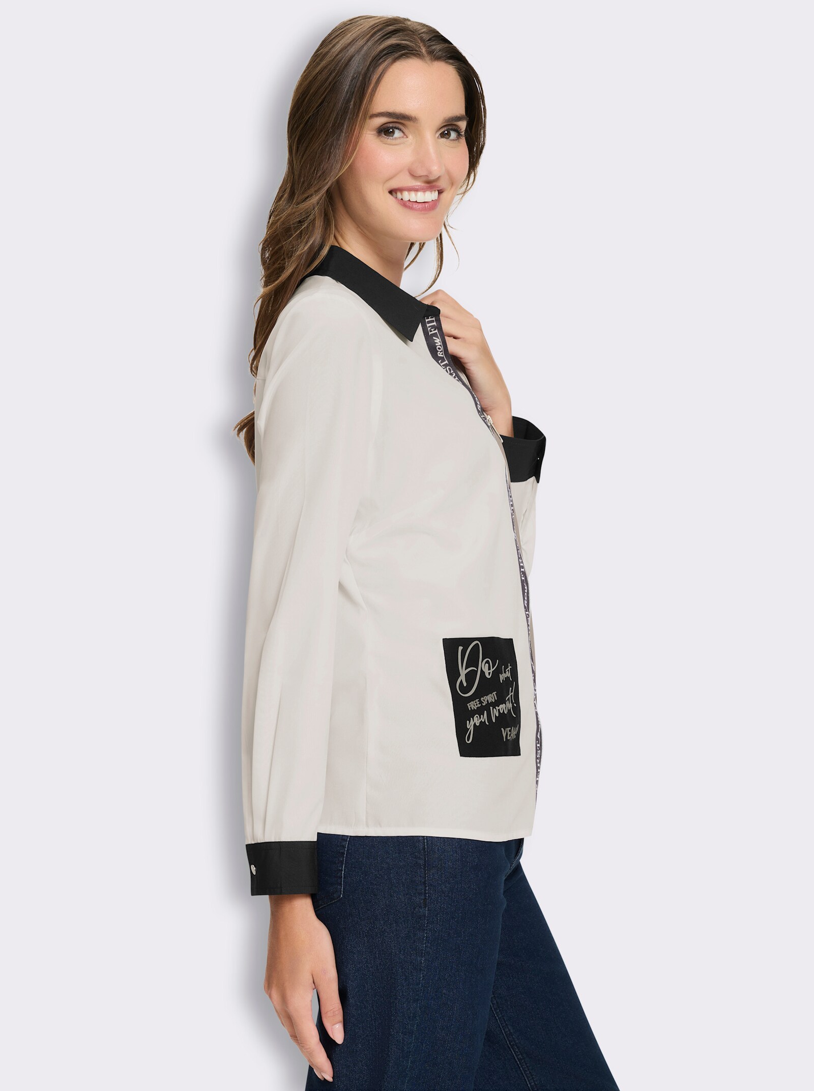 Langarm-Bluse mit Kontrast-Details - weiß-beige