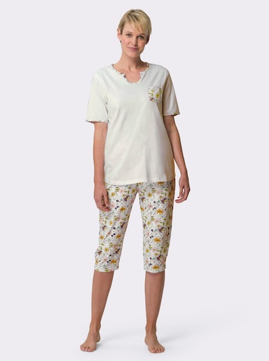 Capri-Schlafanzug aus Single-Jersey - ecru-violett-bedruckt
